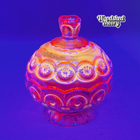 Vintage L.E. Smith Moon & Stars red glass lidded compote candy dish with cadmium glow under black light black light glowing