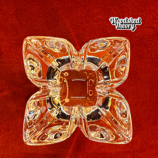 Vintage Orrefors crystal lotus bowl with four petals, signed on base, made in Sweden. top down