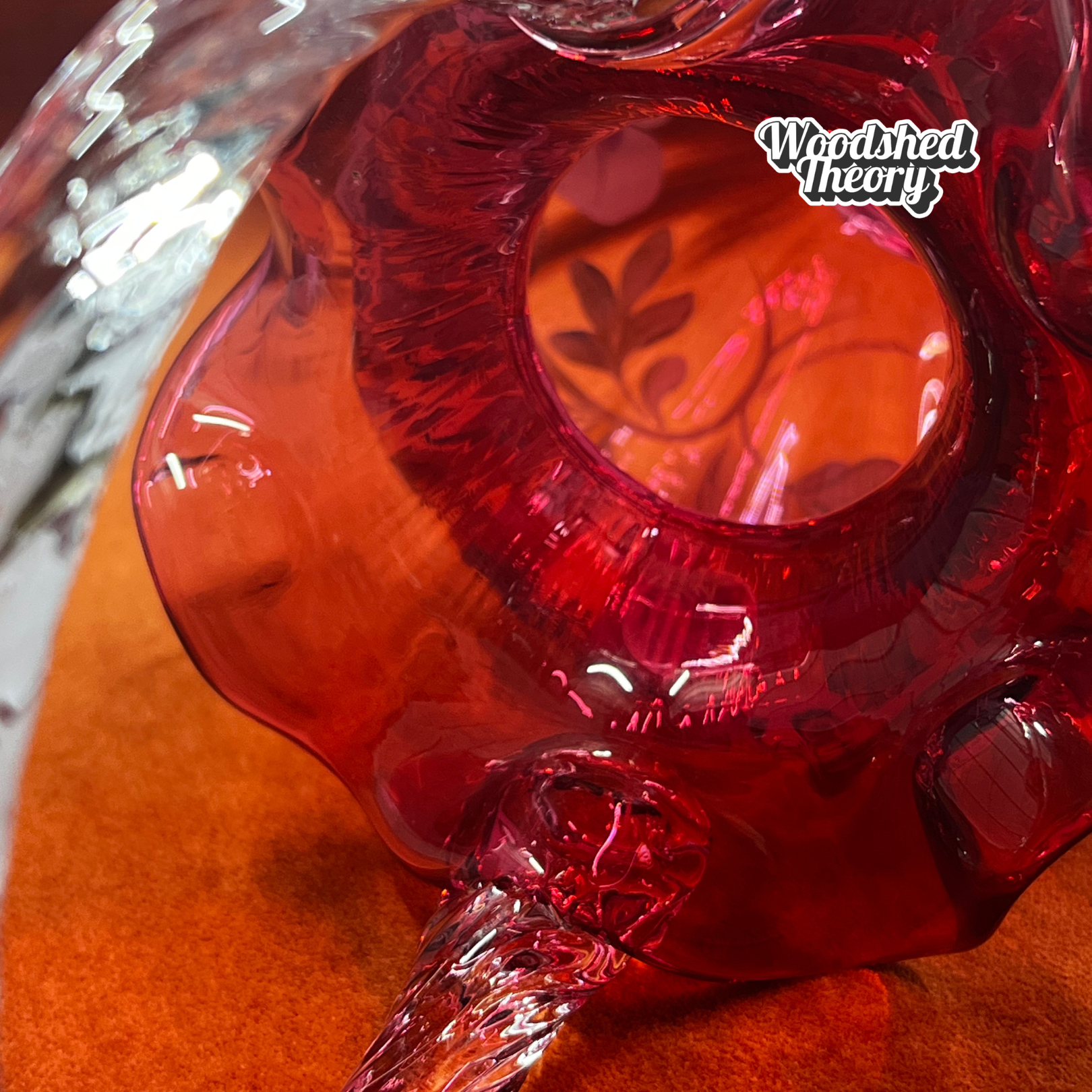 Fenton Art Glass cranberry basket with clear twisted handle, hand painted poppies, and gold glitter, signed by the artist. inside opening 95th anniversary 