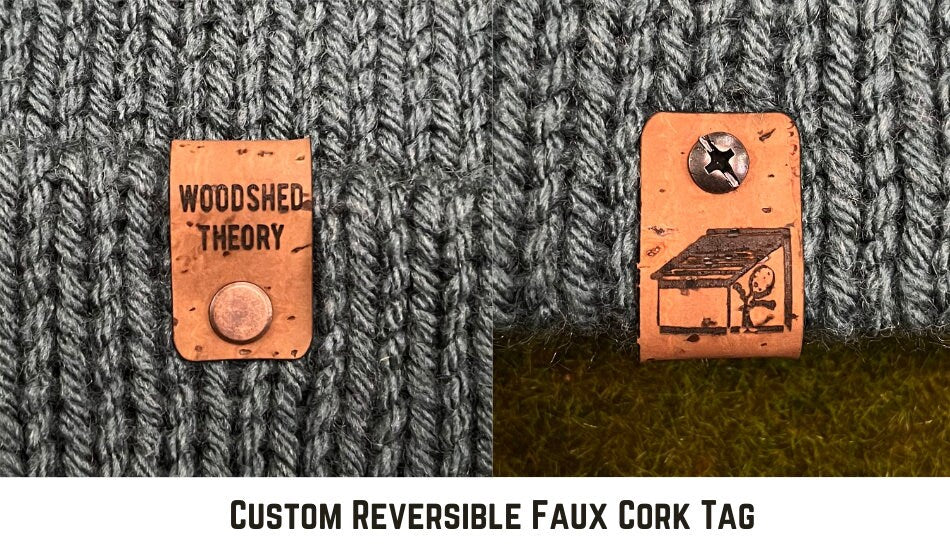 custom reversible faux cork tag woodshed theory logo