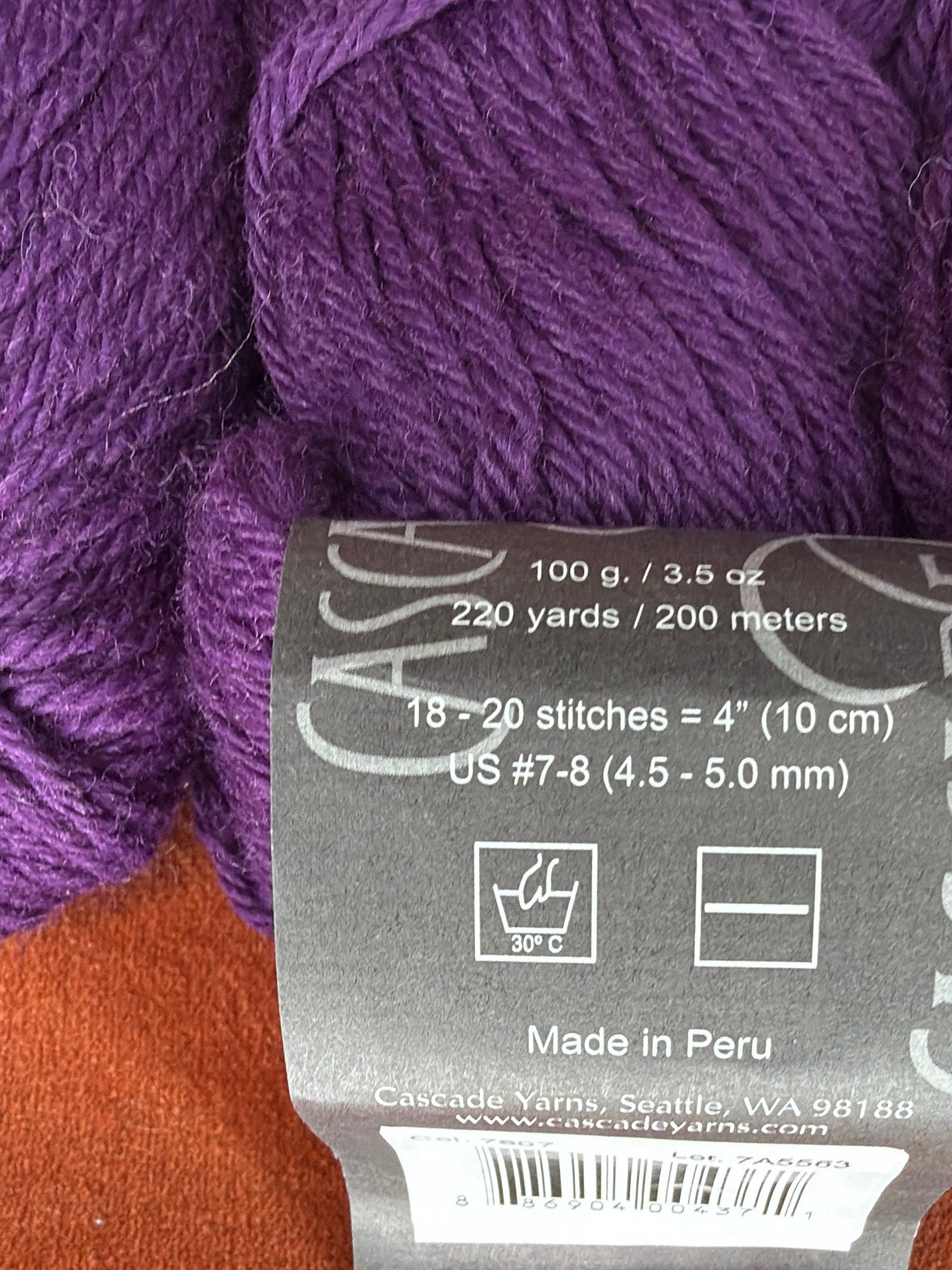 2 Hanks Cascade 220 Col. 7807 Regal close up and label