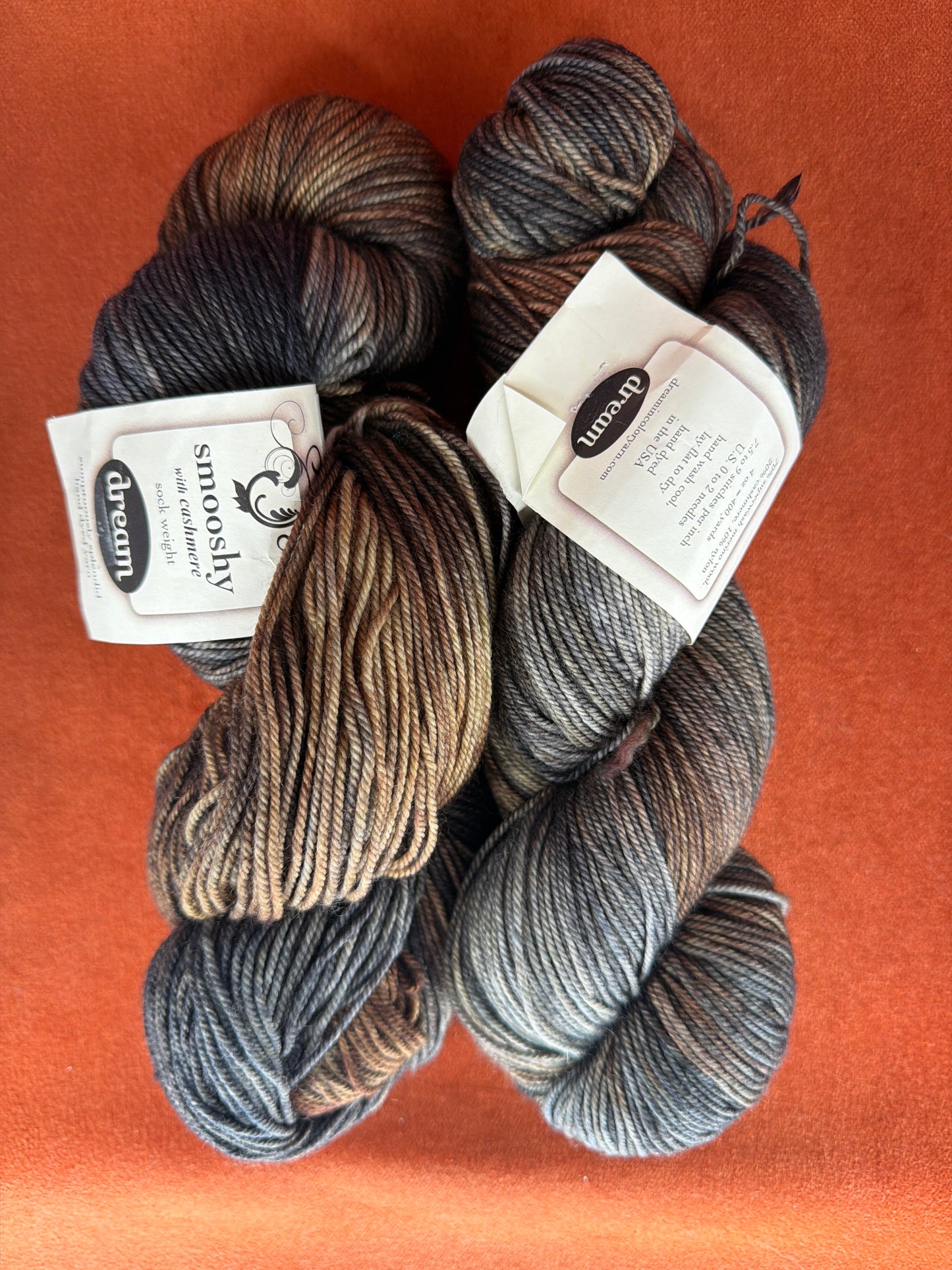2 Hanks Dream Yarns Smooshy with Cashmere Sock Weight (col. Jack is Back) top down