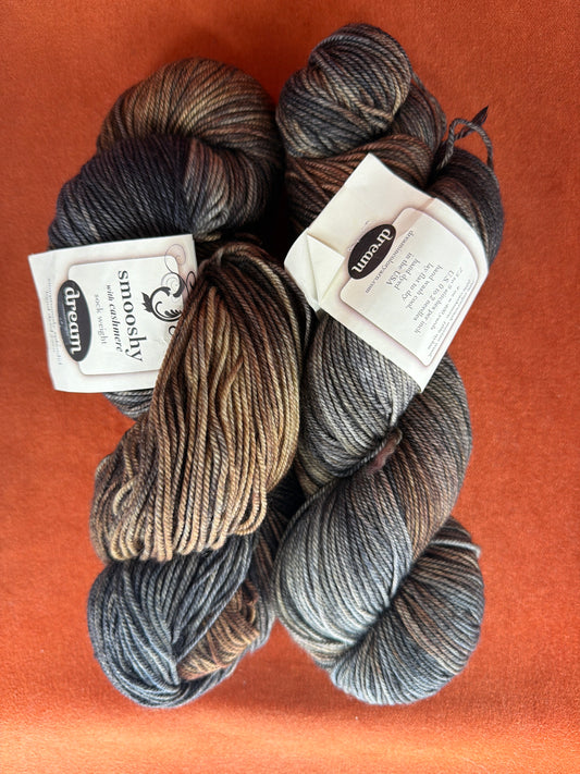 2 Hanks Dream Yarns Smooshy with Cashmere Sock Weight (col. Jack is Back) top down