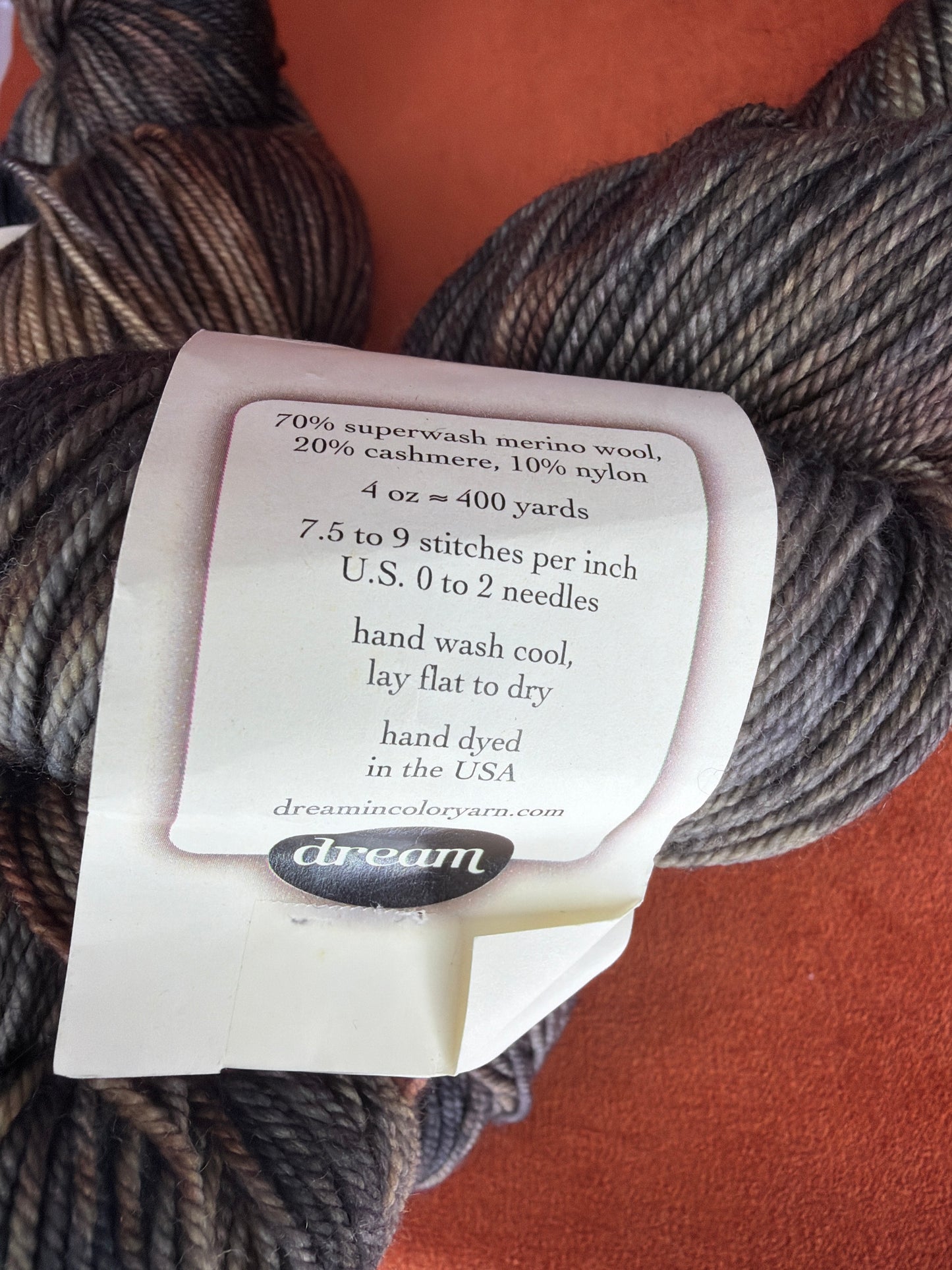 2 Hanks Dream Yarns Smooshy with Cashmere Sock Weight (col. Jack is Back) label