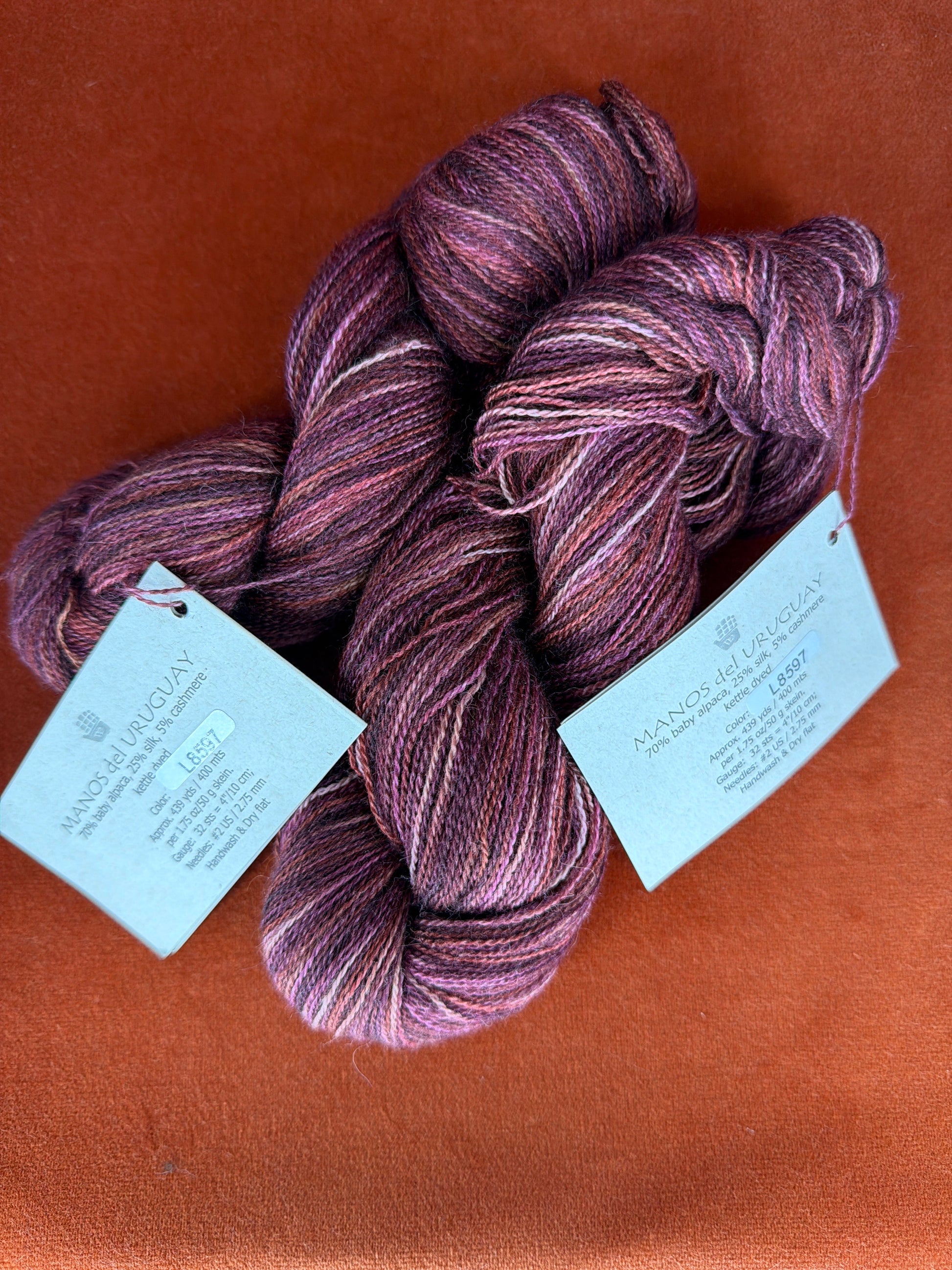 2 Hanks of Manos del Uruguay Manos Lace col. L8597 (Reds) top down