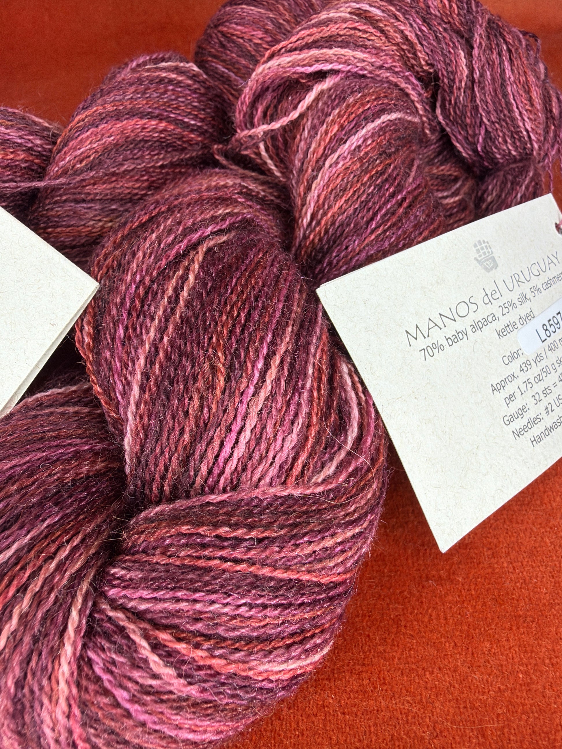 2 Hanks of Manos del Uruguay Manos Lace col. L8597 (Reds) close up