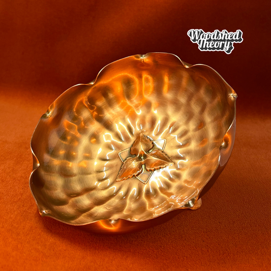 Vintage Gregorian Copper 313 pedestal bowl with hammered finish, ruffled edge, and leaves & berries motif in the center profile