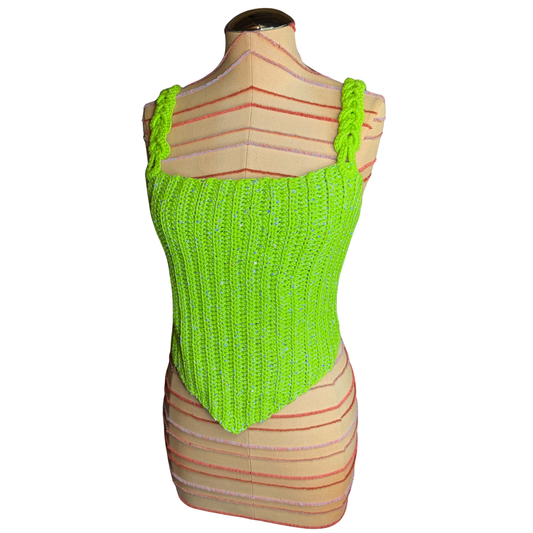 Lime Sparkle Lace-up Crochet Corset Style Top Size L