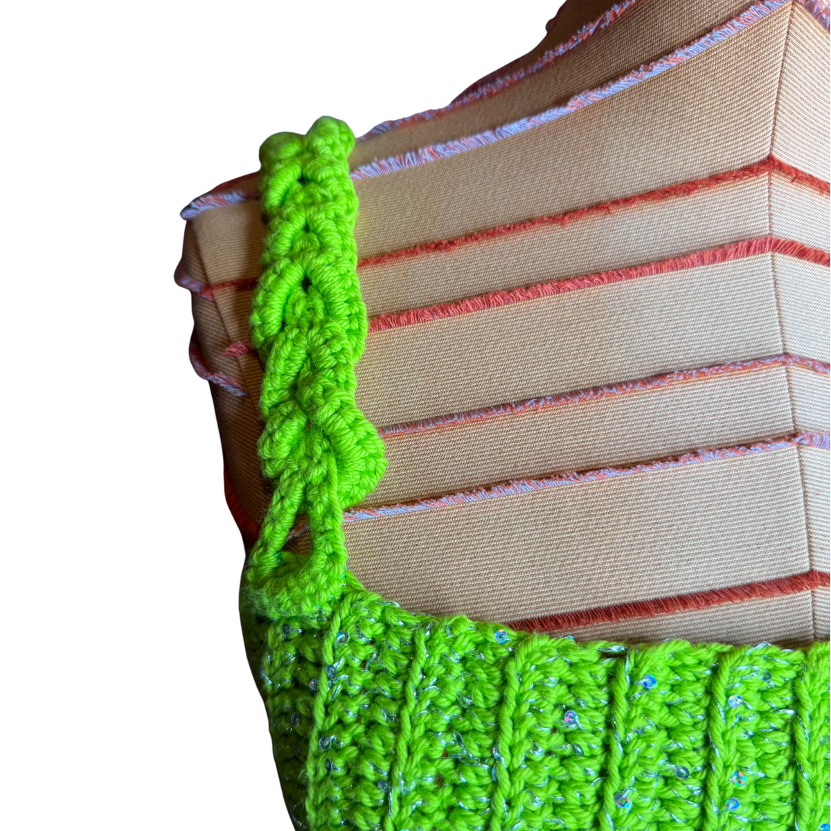Lime Sparkle Lace-up Crochet Corset Style Top Size L
