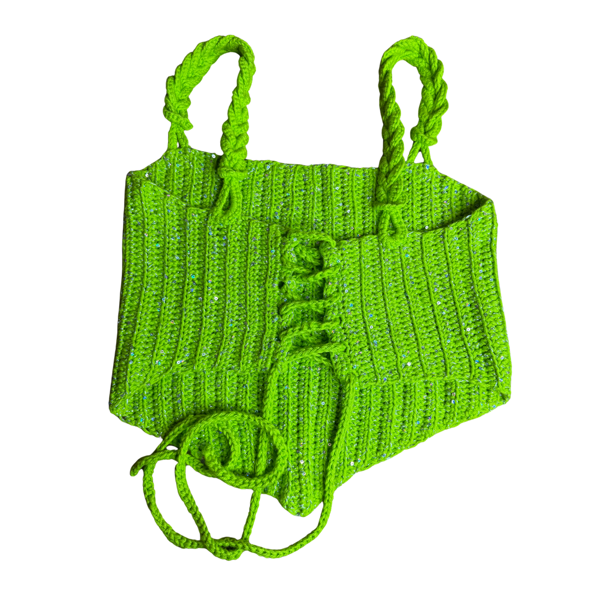 Lime Sparkle Lace-up Crochet Corset Style Top Size L