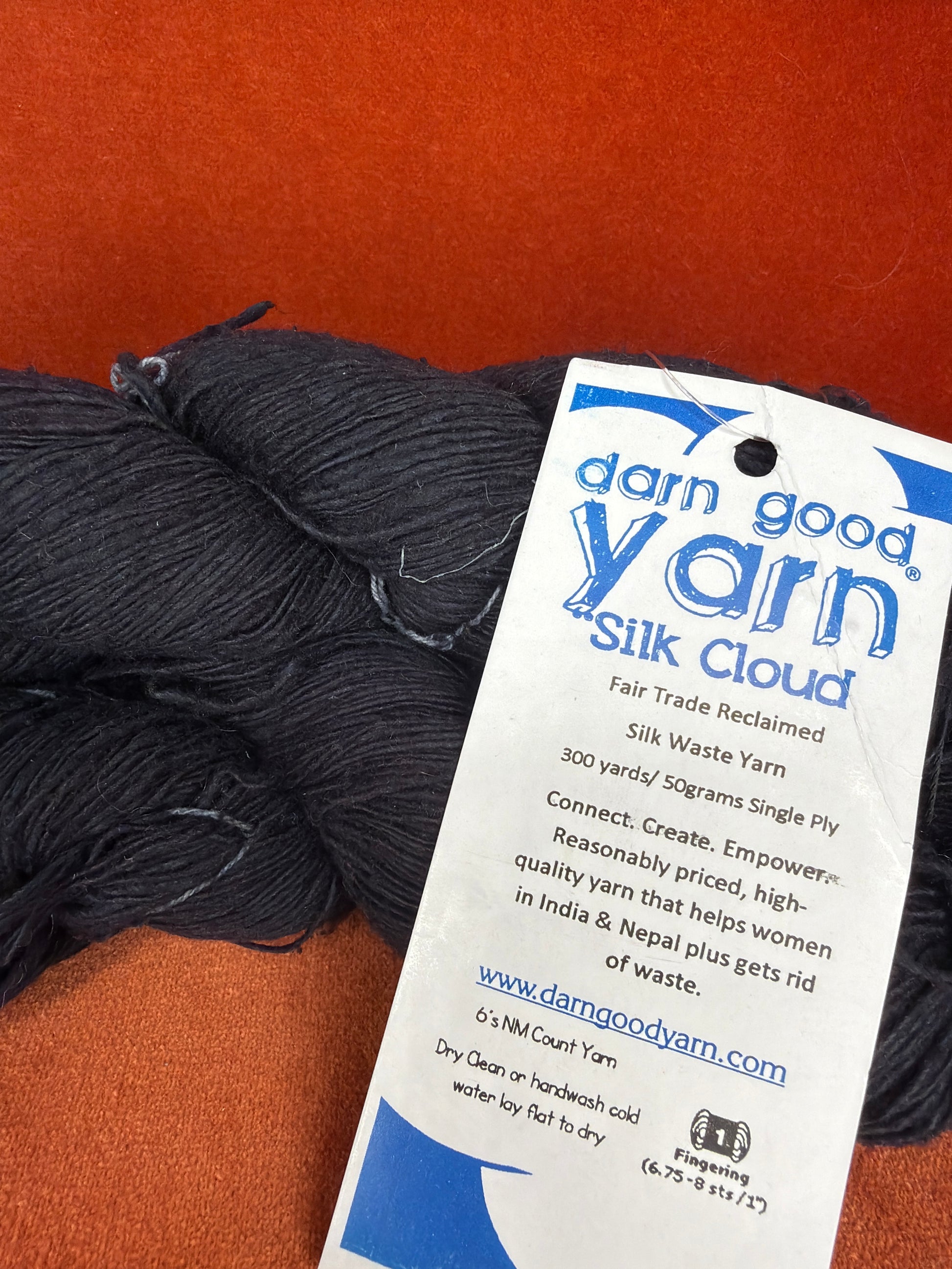 3 Hanks Darn Good Yarn Silk Cloud Silk Waste Yarn in Black close up 