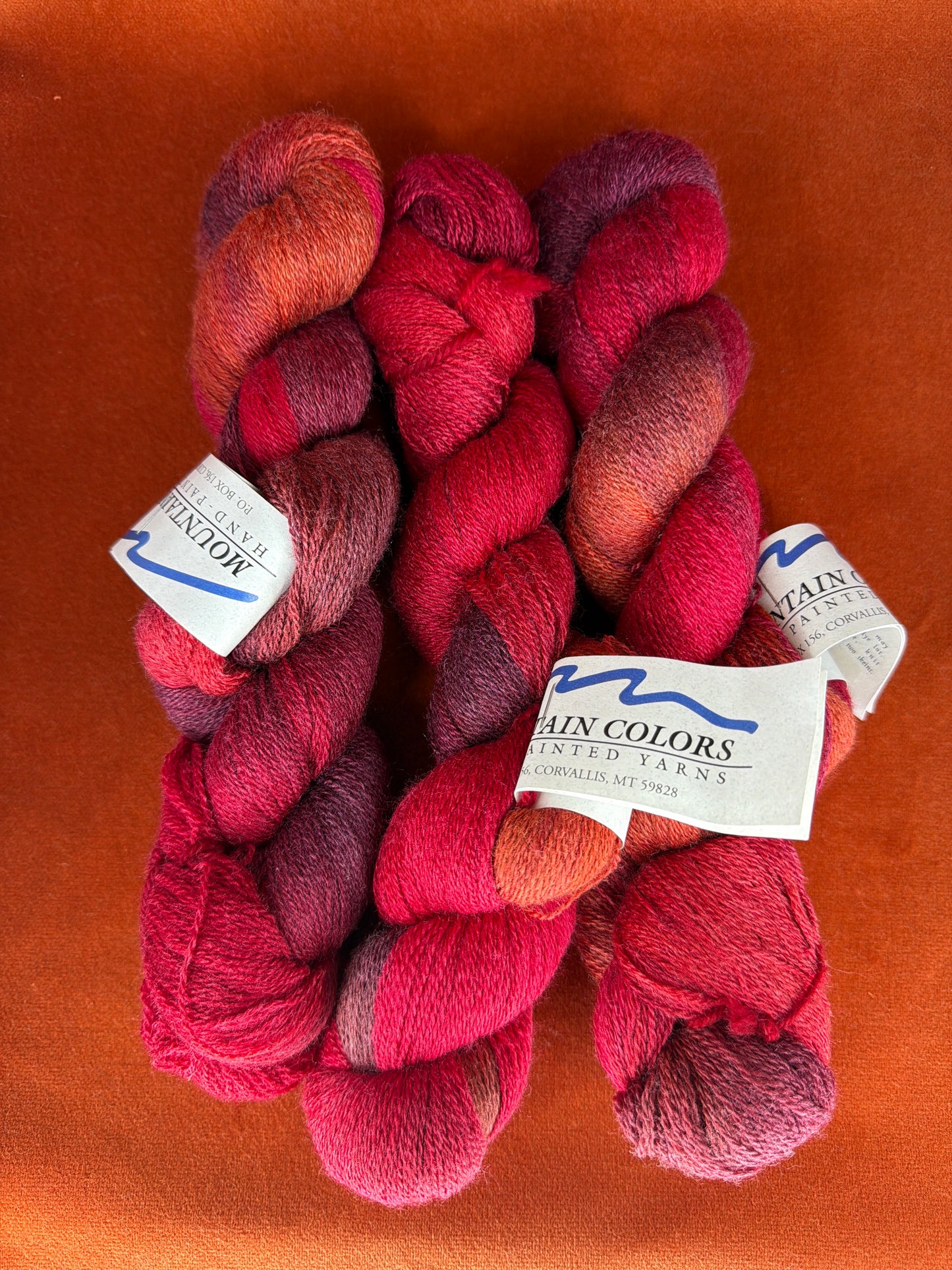 3 Hanks Mountain Colors Handpainted Yarns Winter Lace Junior in Ruby River top down