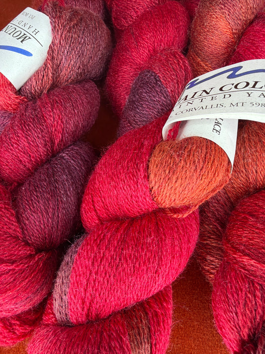3 Hanks Mountain Colors Handpainted Yarns Winter Lace Junior in Ruby River close up