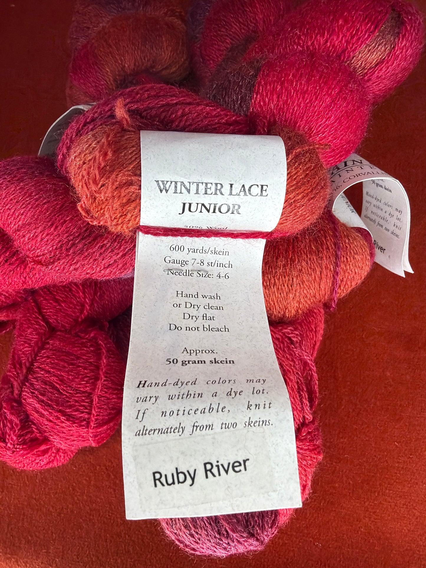 3 Hanks Mountain Colors Handpainted Yarns Winter Lace Junior in Ruby River tag