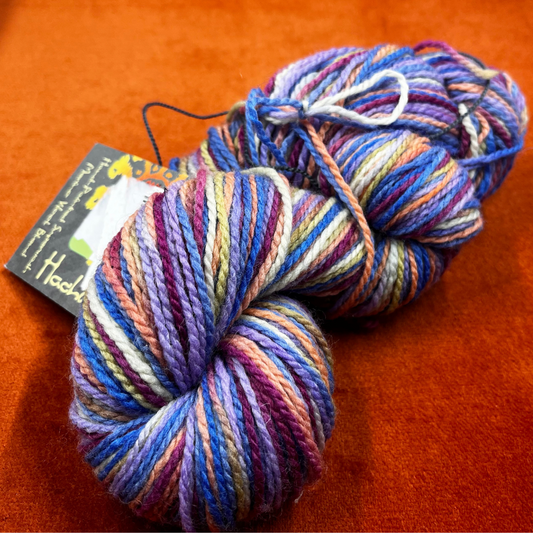 One hank of Mirasol Hachito fingering weight yarn in Maya, a superwash merino and nylon blend in rich, variegated tones. close up 
