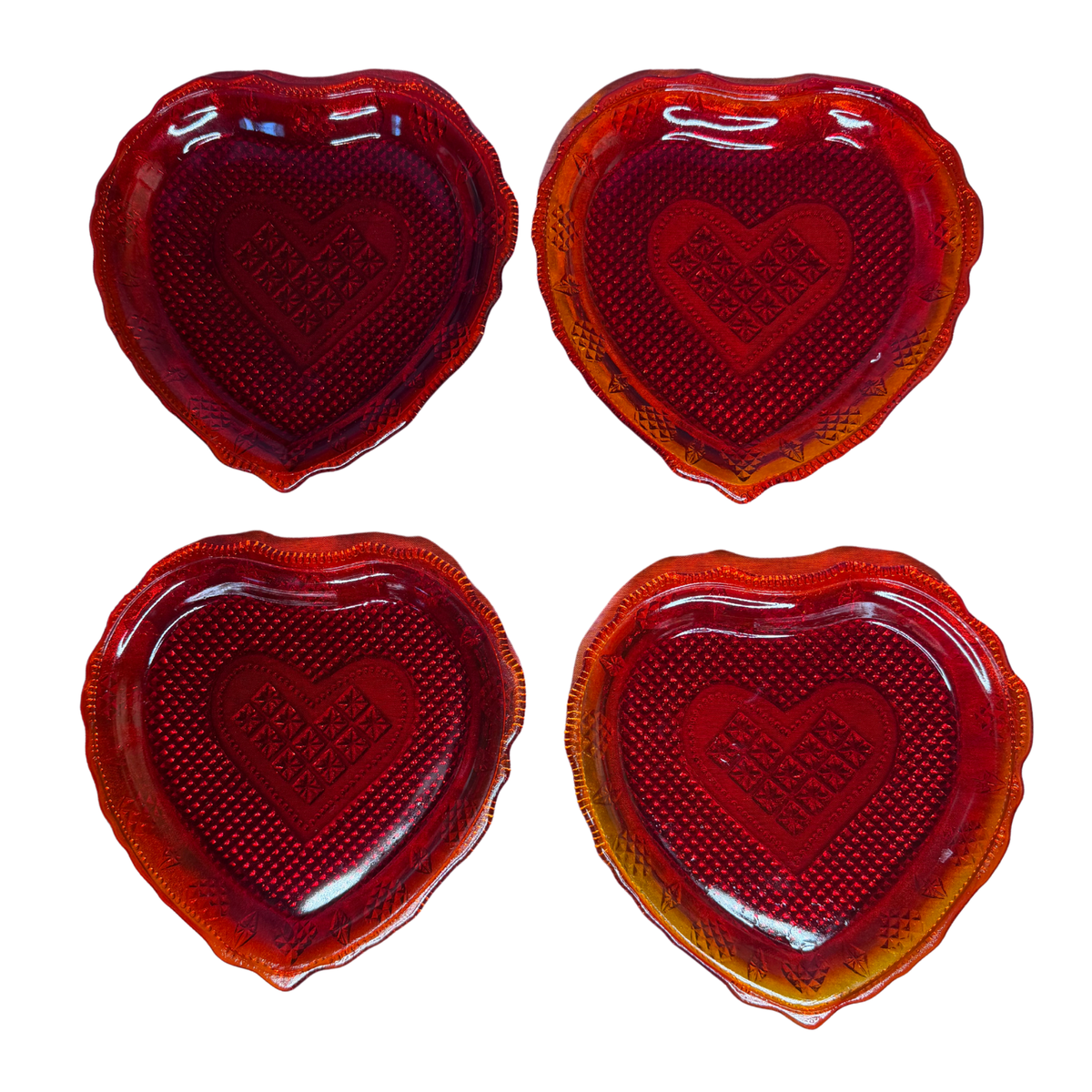 4 Avon Hearts and Diamonds Red Cadmium Heart Plates 