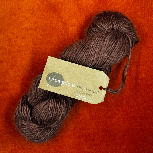 One hank of Fyberspates Scrumptious DK/Worsted yarn in color 80114 Brown, a glossy silk and merino wool blend. top down