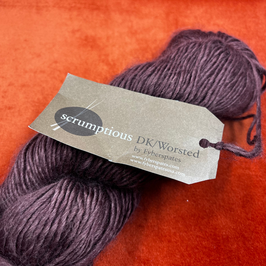 One hank of Fyberspates Scrumptious DK/Worsted yarn in color 80114 Brown, a glossy silk and merino wool blend. close up different lighting 