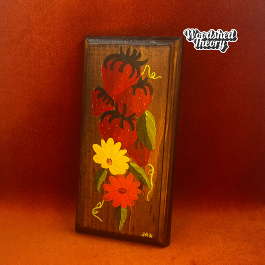 Hand-painted 1970s wooden kitchen wall hanger with daisies and strawberries; signed "JAN" with DIY soda tab hanger. front