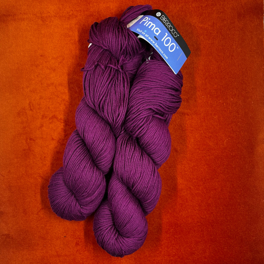 Two skeins of Berroco Pima 100 yarn in color Fox Glove (8444), soft matte pink worsted weight cotton yarn. top down