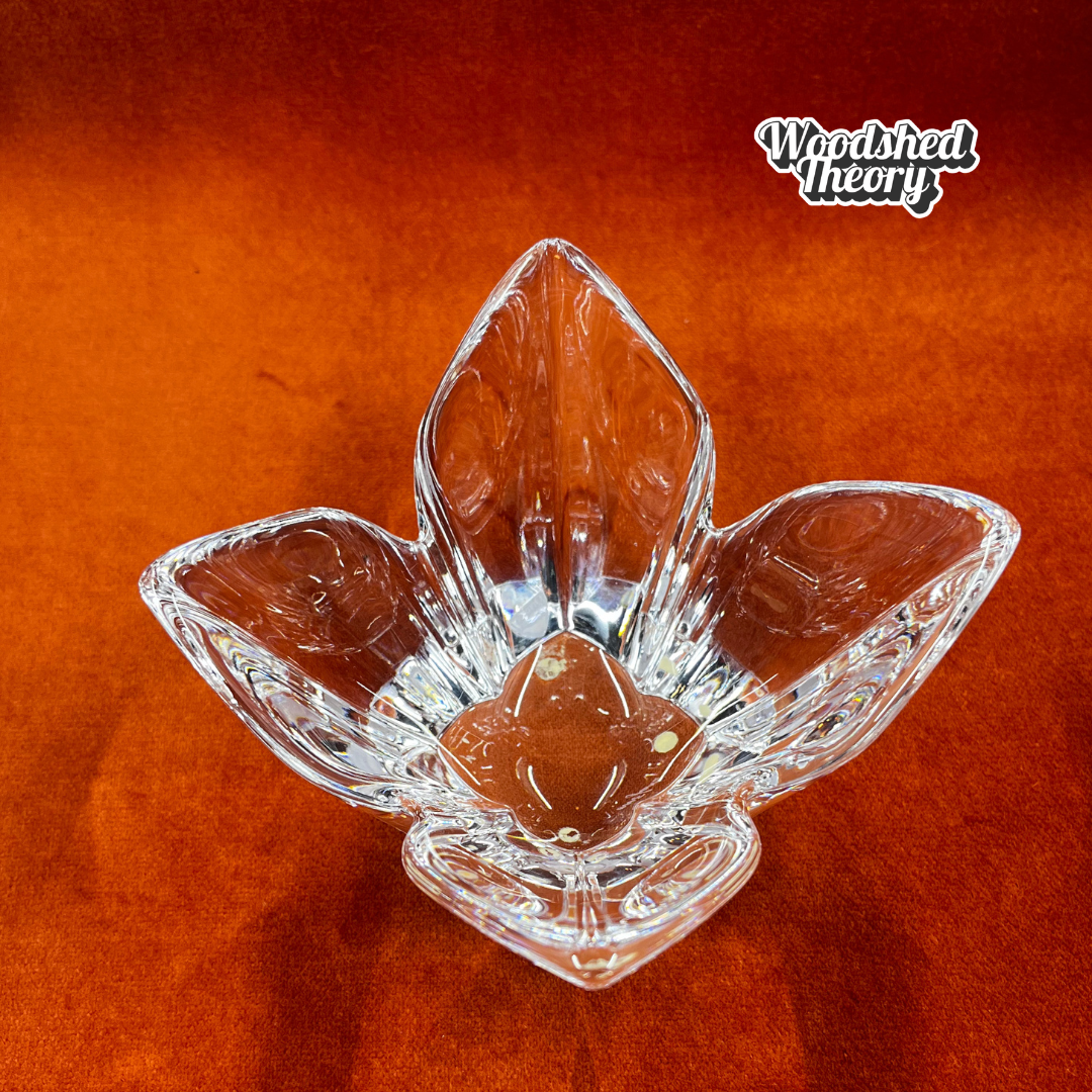 Vintage Orrefors crystal lotus bowl with four petals, signed on base, made in Sweden. top down side