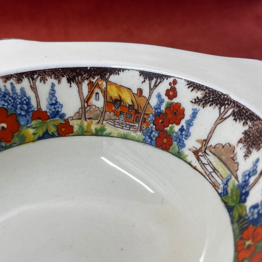 Vintage Royal Staffordshire bowl with English cottage and floral design close up 