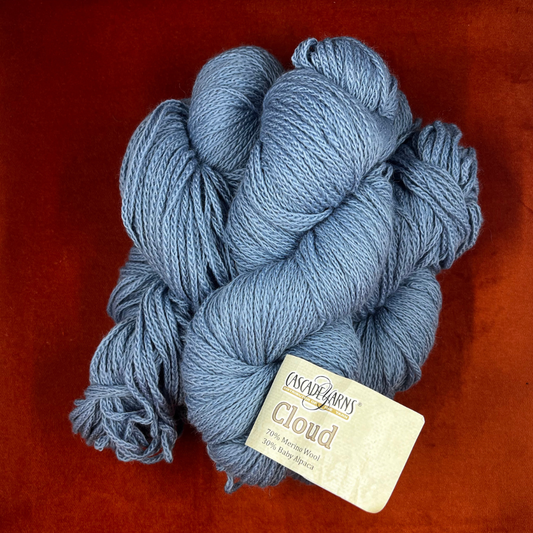 Cascade Cloud yarn in light grey-blue (Color 2133), bundle of 3 hanks made from Merino and Baby Alpaca blend. top down