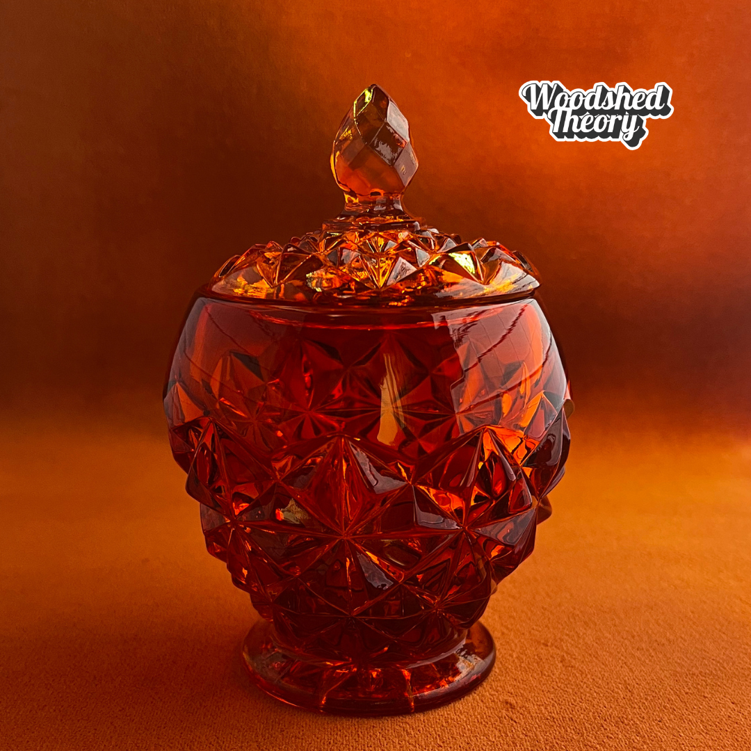 Indiana Glass Amberina faceted red-orange glass candy dish with lid, cadmium glow under black light center 