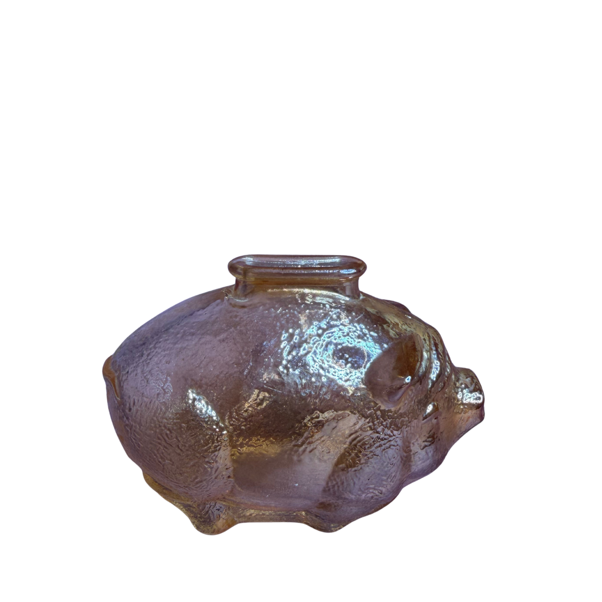 A small pig-shaped glass vase with a textured, ribbed surface and a short cylindrical neck, shown on a plain white background.
