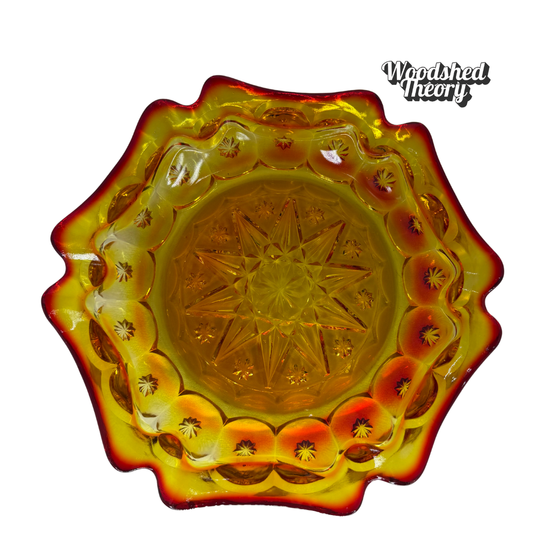 Cadmium Glass Amberina Ash Tray or Ring Dish LE Smith Moon and Stars top down