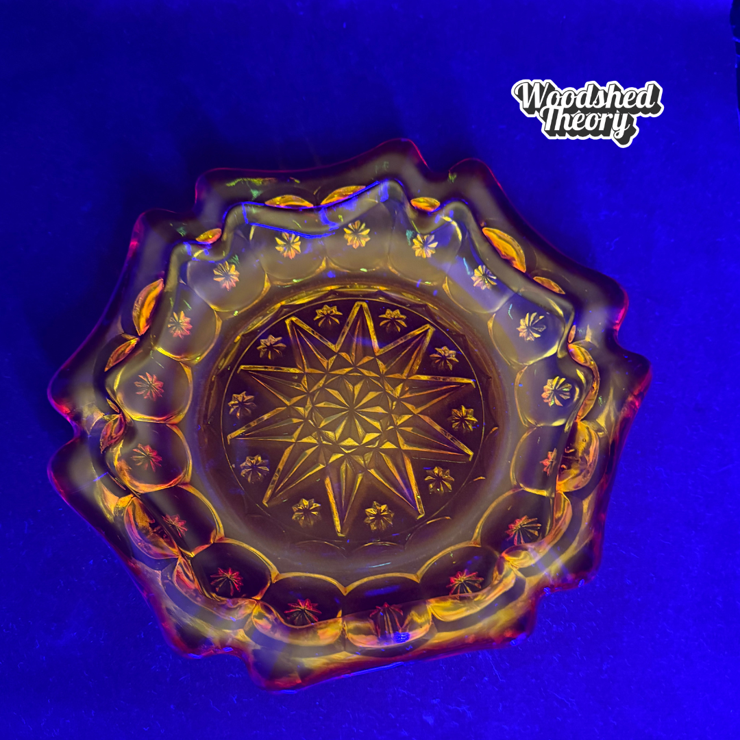 Cadmium Glass Amberina Ash Tray or Ring Dish LE Smith Moon and Stars glowing