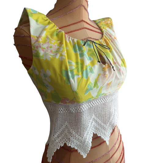 Floral Drawstring Tank with Vintage Lace Trim Size S/XS