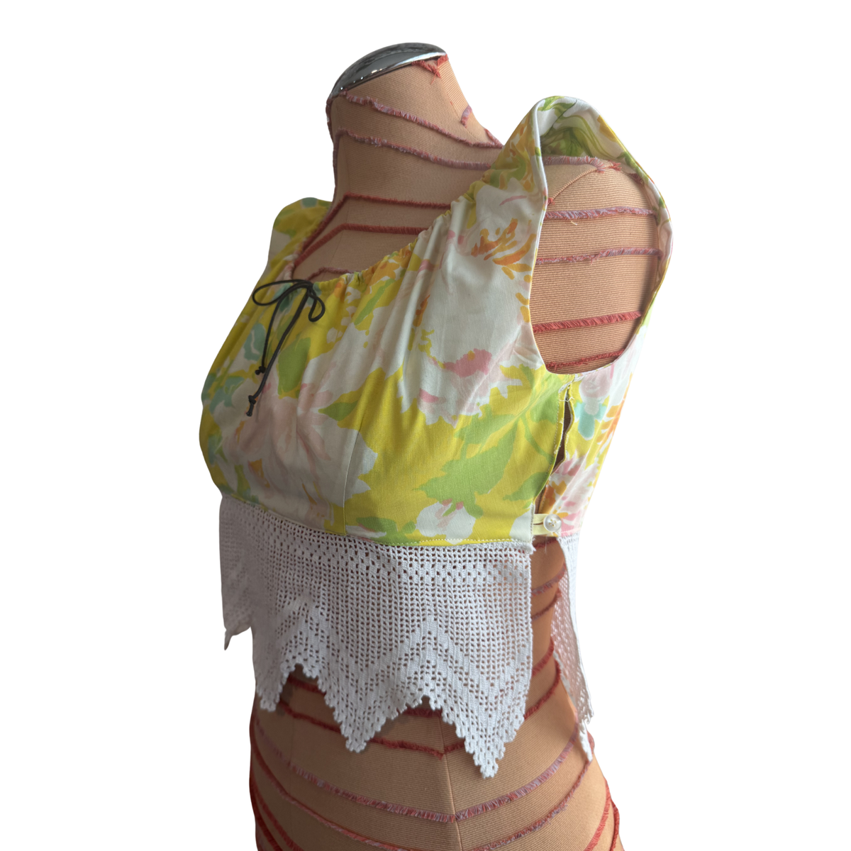 Floral Drawstring Tank with Vintage Lace Trim Size S/XS side