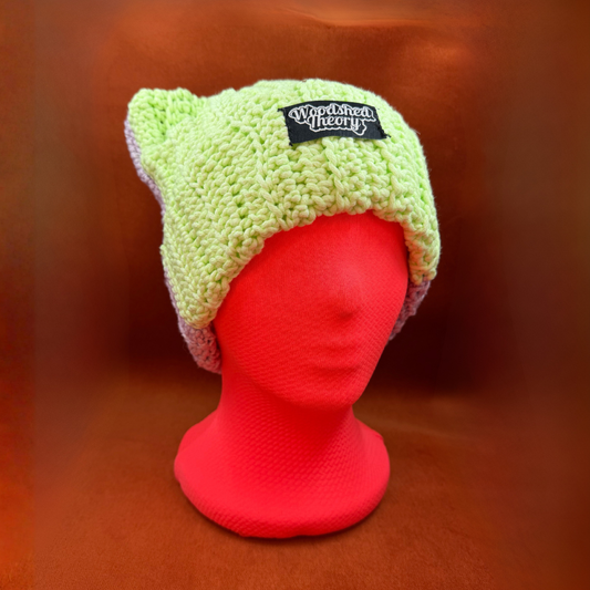 Glow in the Dark Cat Ears Crochet Beanie | Purple and Green front (green)
