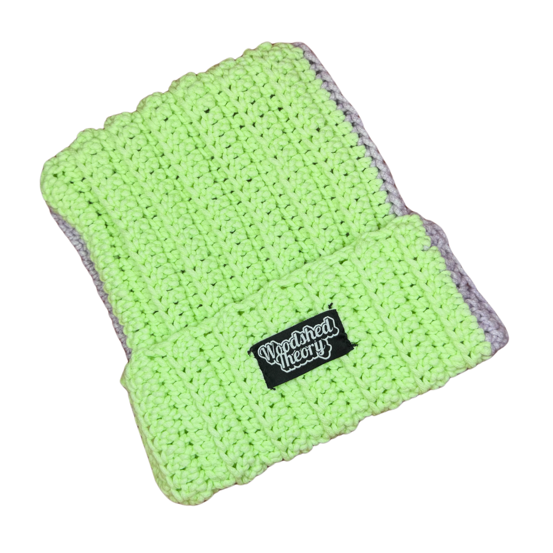 Glow in the Dark Cat Ears Crochet Beanie | Purple and Green top down