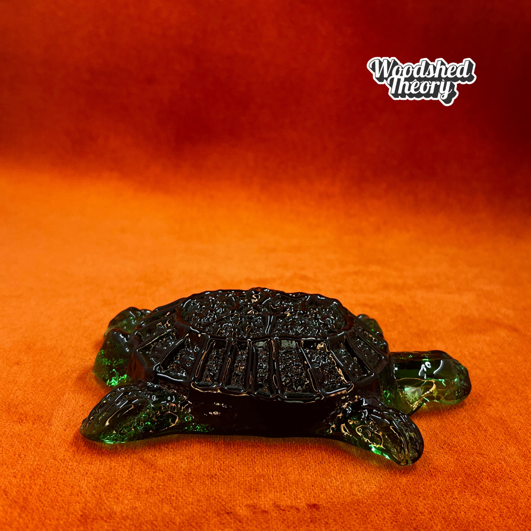 Hand-blown Blenko glass turtle paperweight in dark green, crafted by artisans in West Virginia. Unique American art glass collectible. side 