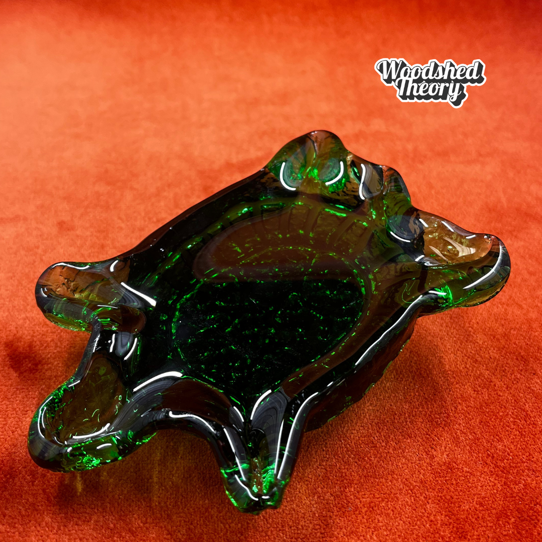 Hand-blown Blenko glass turtle paperweight in dark green, crafted by artisans in West Virginia. Unique American art glass collectible. under 