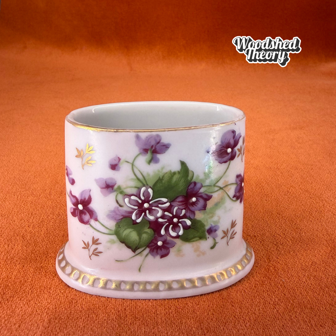 Lefton Toothpick Holder Hand Painted Violet Flowers Gold Trim front