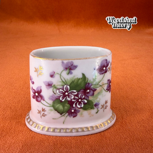 Lefton Toothpick Holder Hand Painted Violet Flowers Gold Trim front