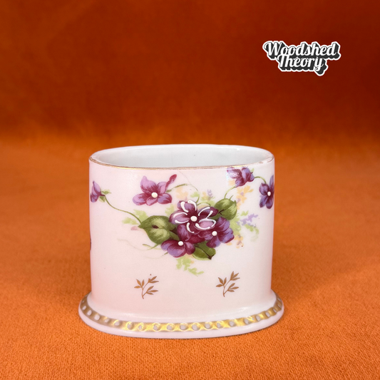 Lefton Toothpick Holder Hand Painted Violet Flowers Gold Trim back