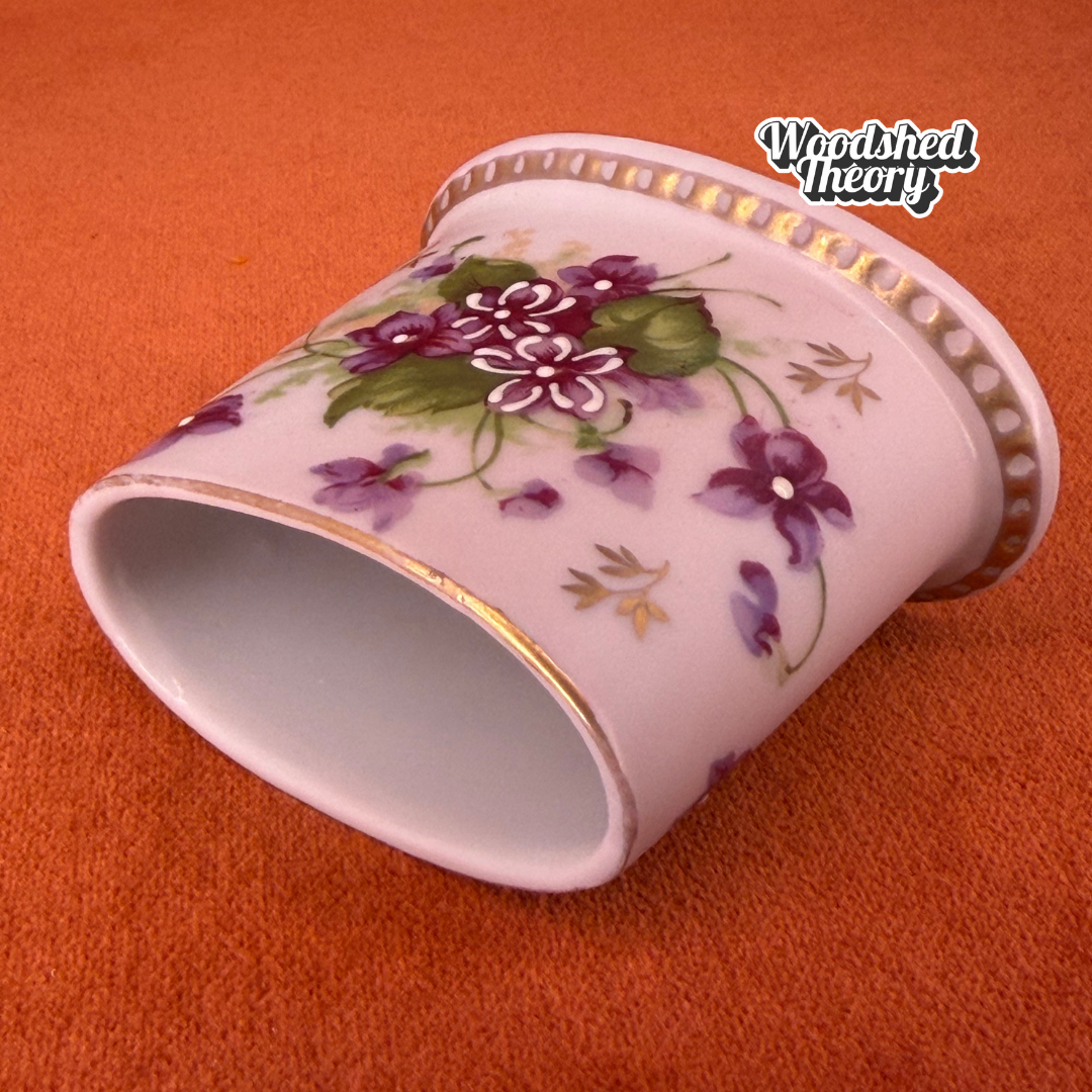 Lefton Toothpick Holder Hand Painted Violet Flowers Gold Trim on side