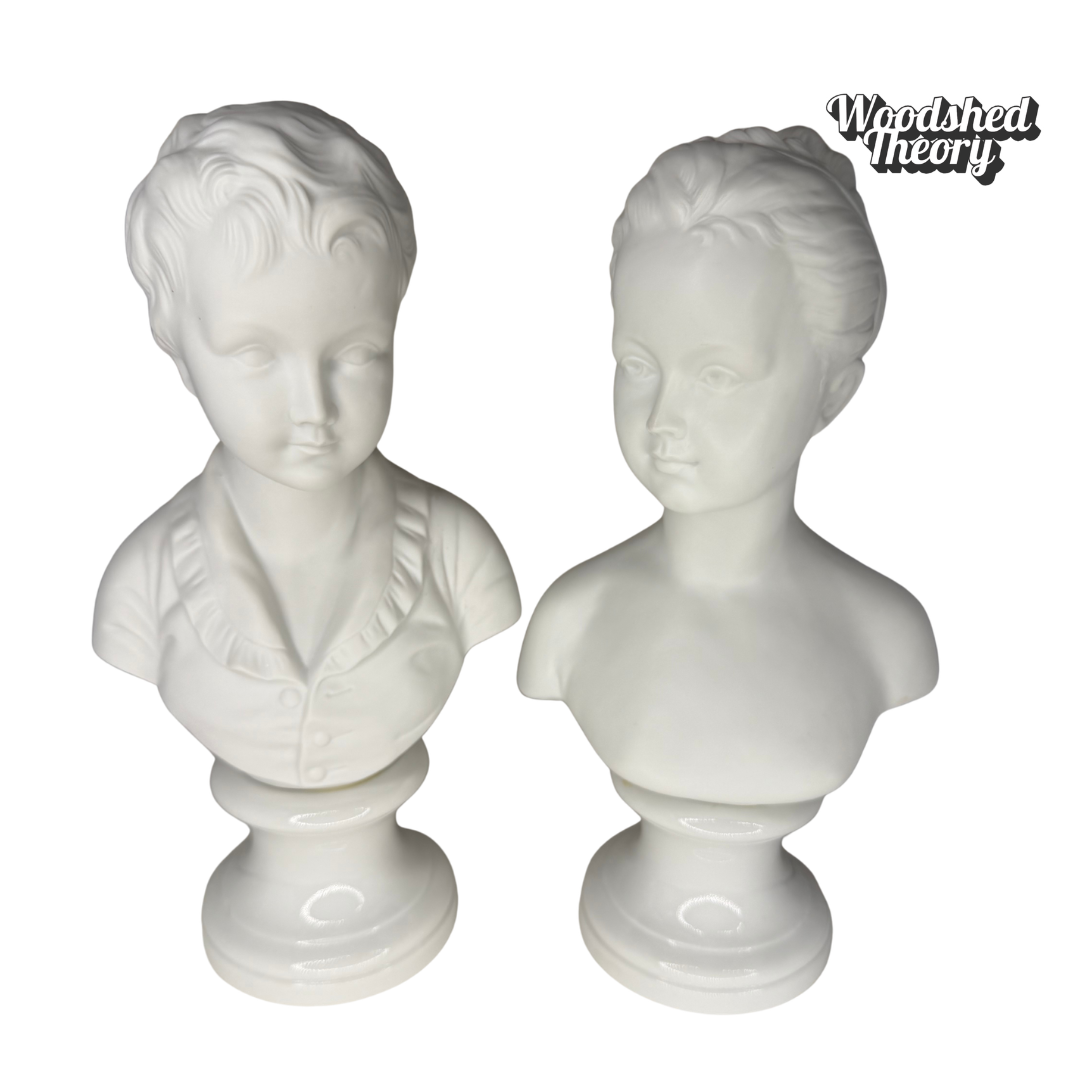 Pair of Limoge Style Bisque Bust Sculptures Andrea by Sadek - Boy and Girl both front