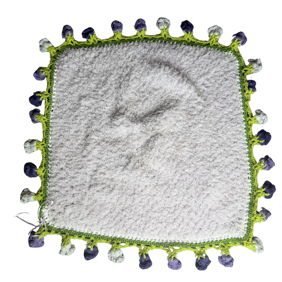 Purple Fluffy Lovey with Crochet Floral Trim