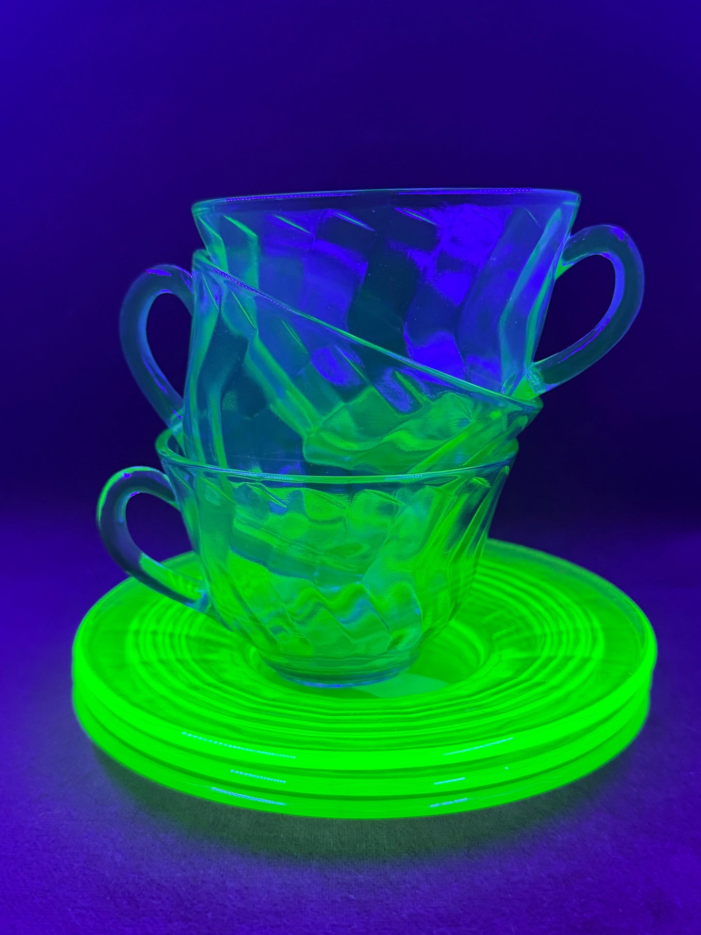 Set of 3 Uranium Tea Cups and Saucers