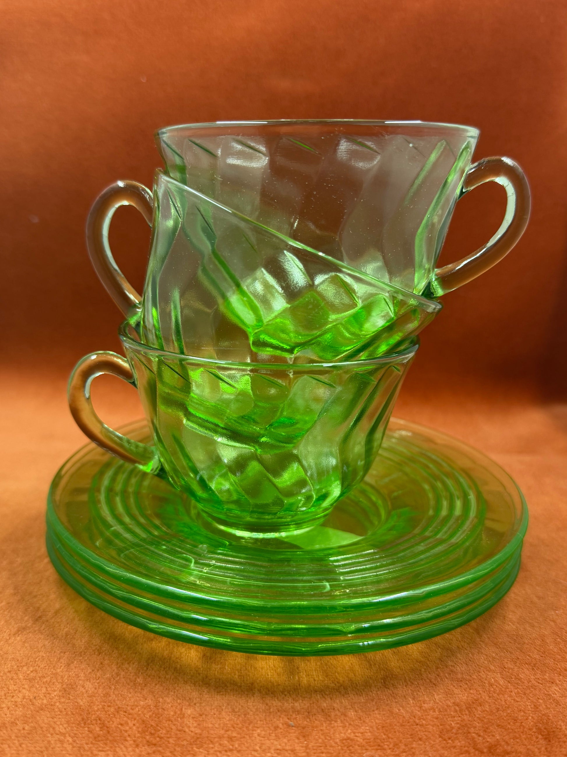 Set of 3 Uranium Tea Cups and Saucers