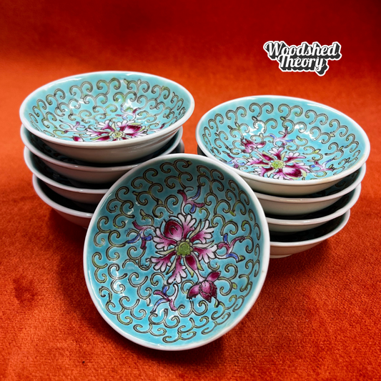 Set of 9 vintage Chinese turquoise porcelain soy sauce dishes with hand-painted Wan Shou Longevity pattern, each slightly unique in size and color.