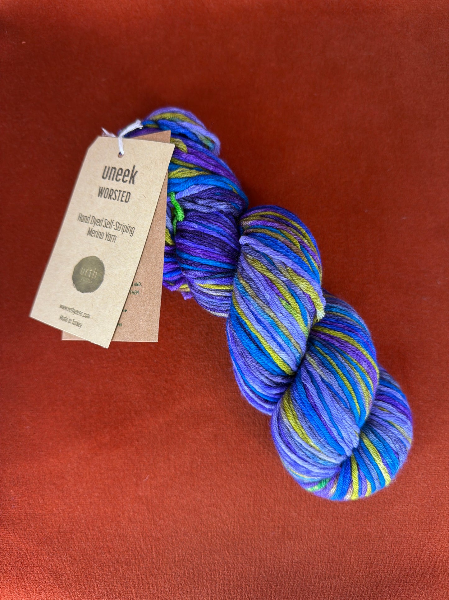 Uneek Worsted by Urth Yarns Color 4003 Lot 26521 (Blues, Purples, Chartreuse Green)&nbsp; top down 