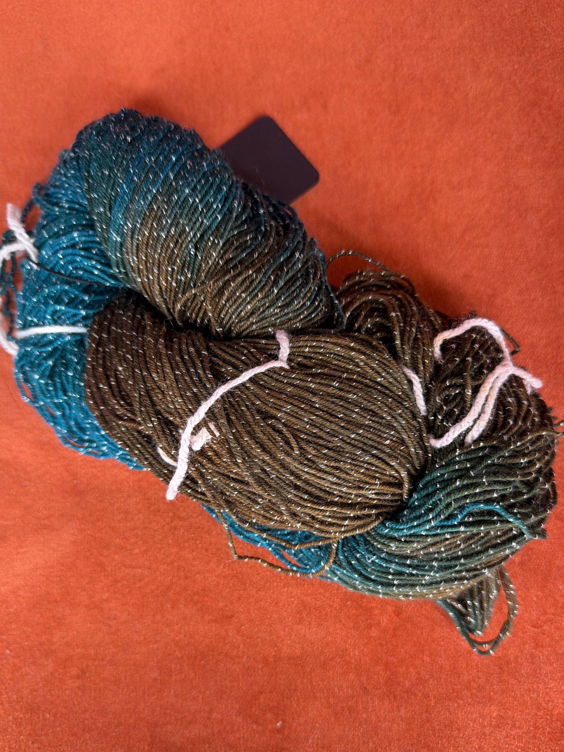 Unlabeled Hand-Dyed Sparkle Teal and Browns top down