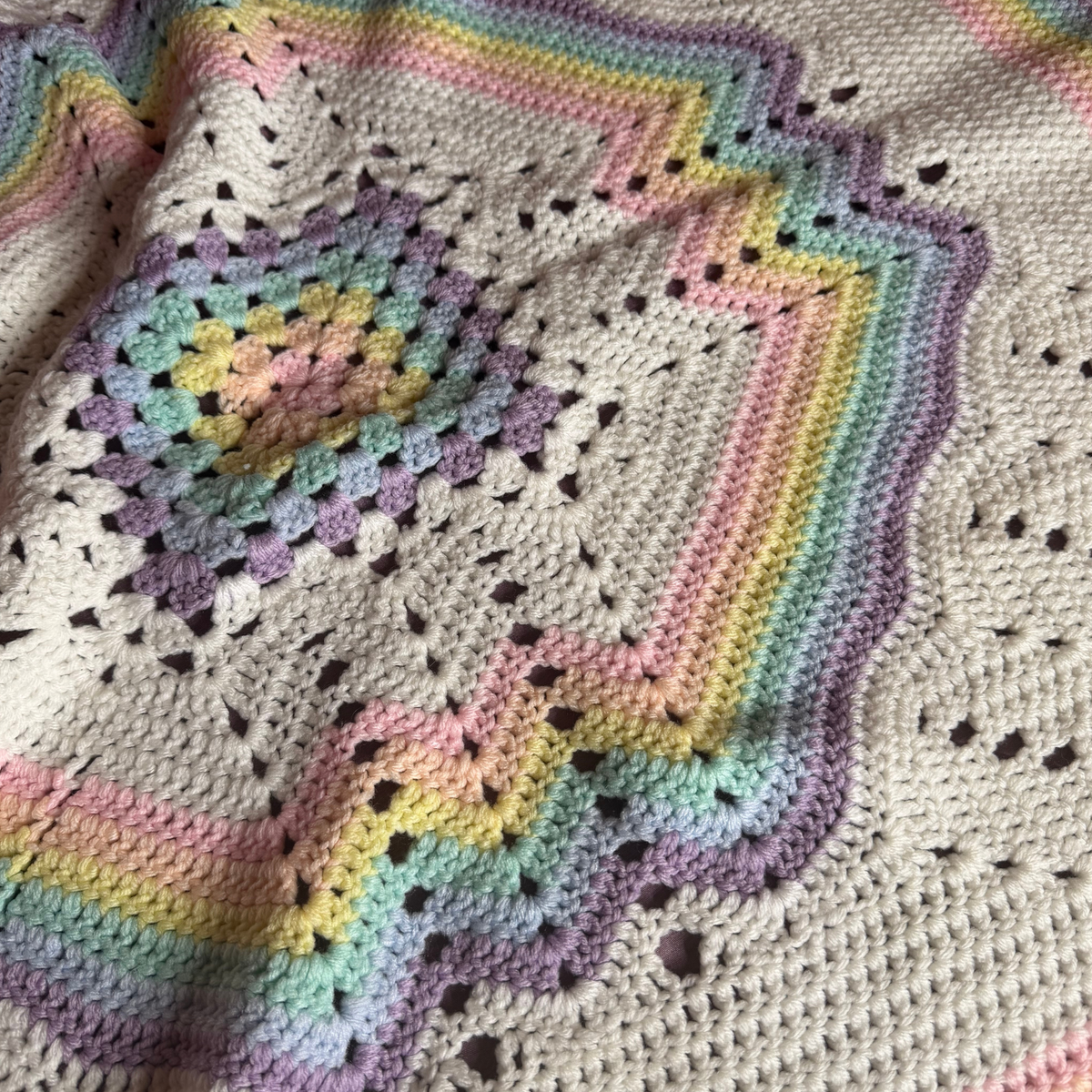 VINTAGE Hand-Made Crochet Baby Blanket Pastel Rainbow 38"x40"
