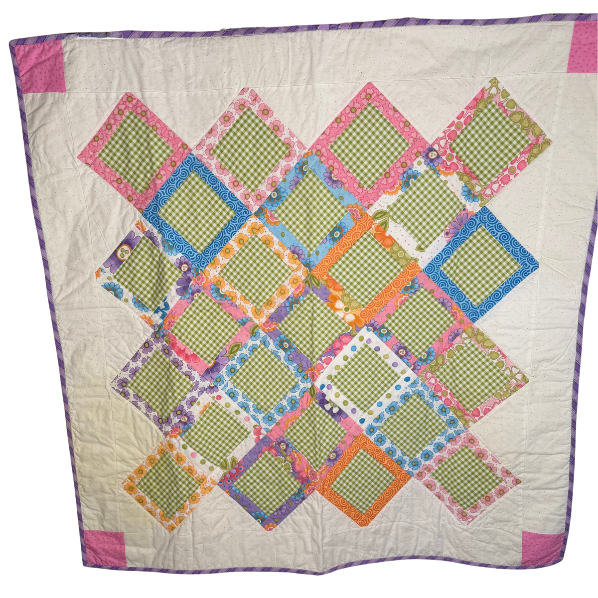 VINTAGE Handmade Y2K Green Gingham Lap Quilt 43"x43'